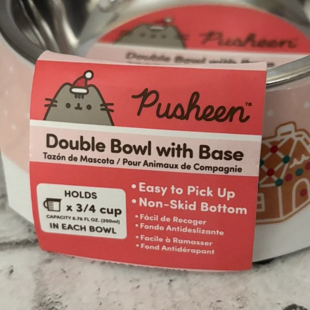 Pusheen Pet Double Bowl With Base Melamine And Metal NWT